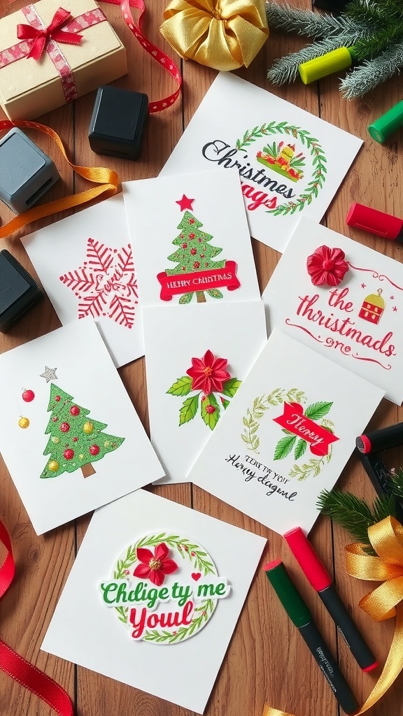 Handmade Christmas Cards with Lawn Fawn Products Handmade Christmas cards with festive designs and crafting supplies on a wooden table.